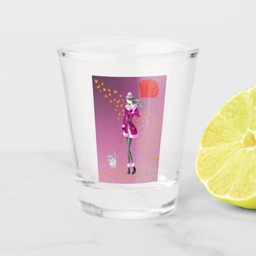 Dog Walker Rainy Day  Autumn Leaves  Shot Glass