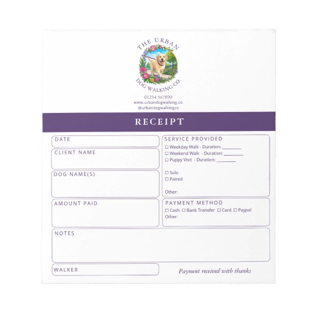 Dog Walker Receipt Pad - Labrador (Front)