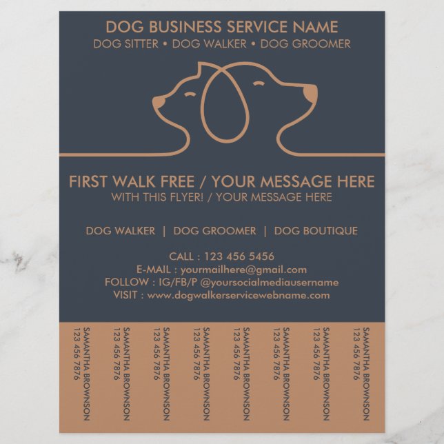 Dog Walker Service Lineart Brown Navy Flyer (Front)