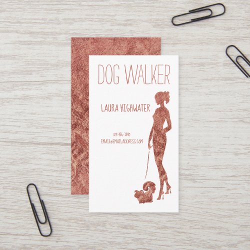 Dog Walker Silhouette Rose Gold Faux Foil Pet Business Card