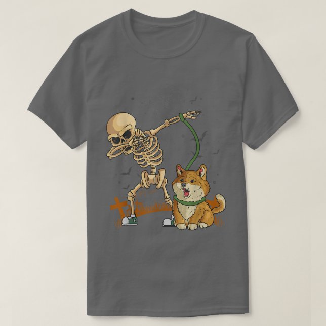 Dog Walker Skeleton Corgi Dog Walking  T-Shirt (Design Front)