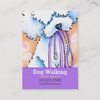 Dog Walker White Poodle Purple Business Card by offleashart at Zazzle