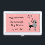 Dog Walking Modern 50s Retro Poodle Pet Walker Business Card Holder<br><div class="desc">These pretty, mid-century modern 1950s style business card holders are perfect for a dog walker, groomer, dog sitter, or anyone involved in pet services. The design has a pink polka-dot pattern with a poodle skirt theme. The poodle dog is black with dots and a black striped leash. All text can...</div>