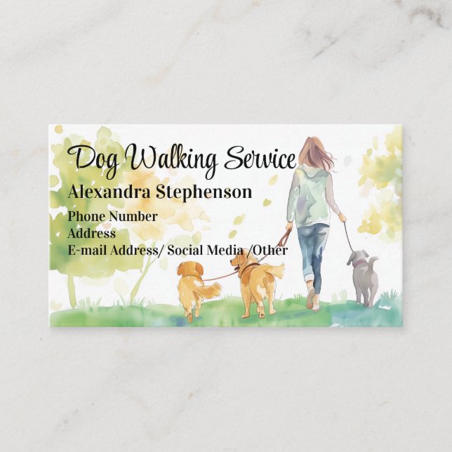 Dog Walking Service Pet Walker Watercolor Business Card (Front)