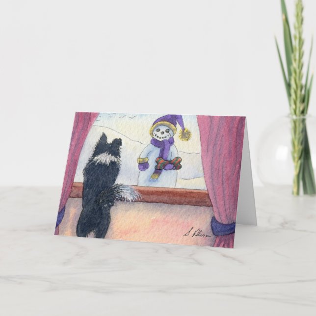 Dog watching snowman bearing gifts holiday card (Front)