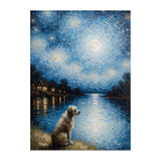 Dog Watching Starry Night Lake Acrylic Print