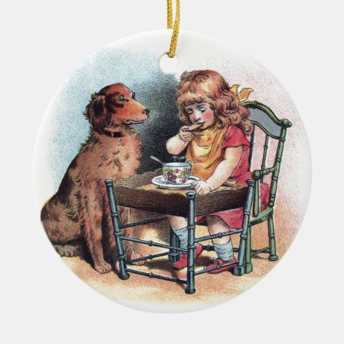 Dog Watching Toddler Eat Ceramic Ornament