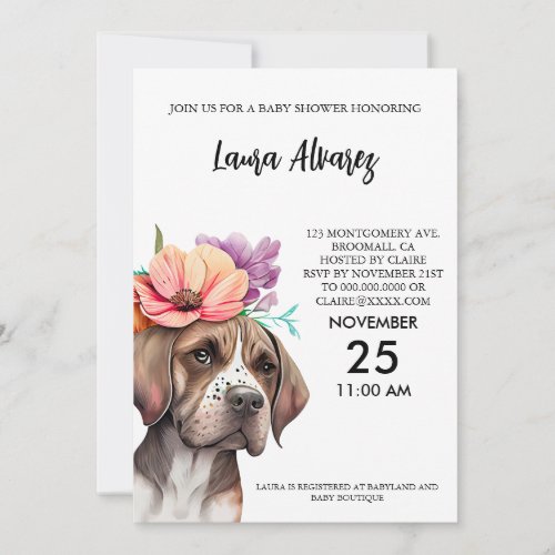 Dog Watercolor Flowers Baby Shower Invitation