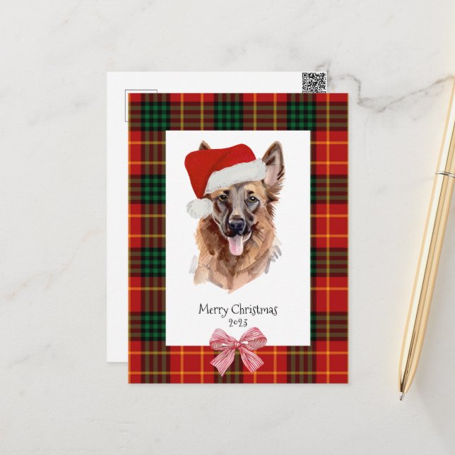 Dog Watercolor German Shepherd Plaid Christmas Postcard (Front/Back In Situ)
