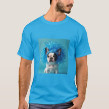 Dog wearing a blue wig t-shirt