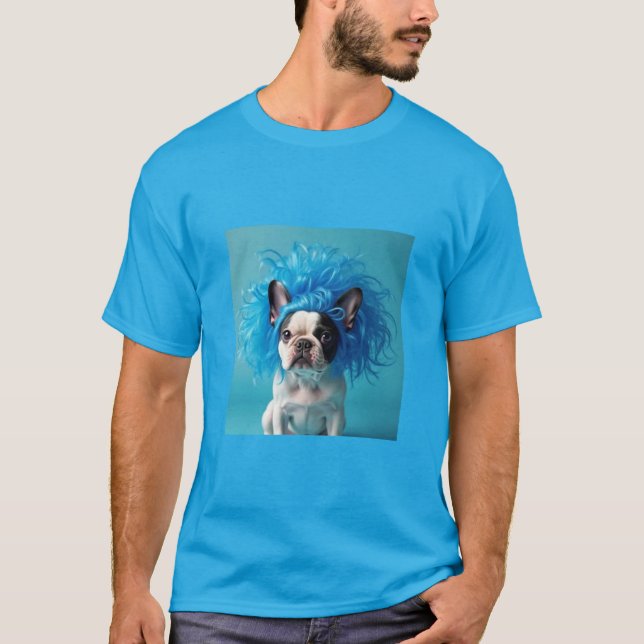 Dog wearing a blue wig t-shirt (Front)