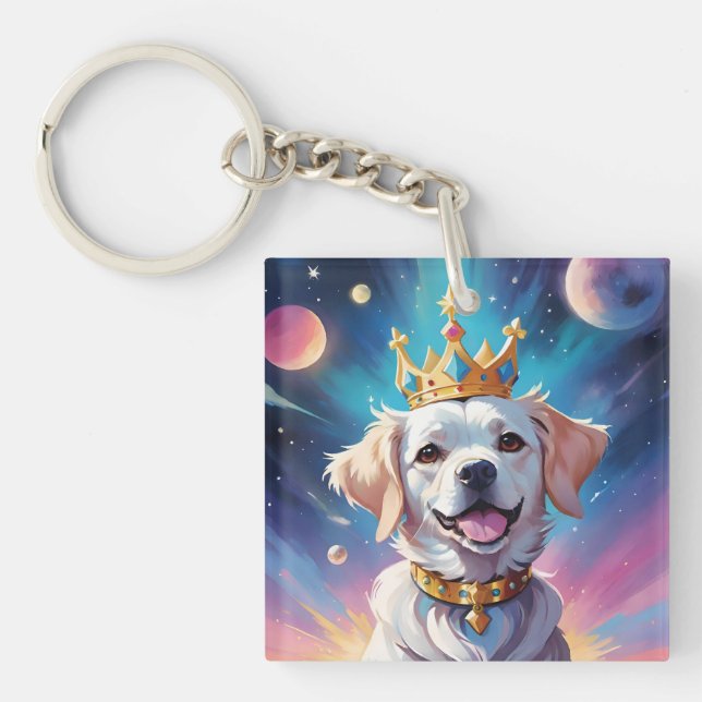 Dog wearing a crown in space keychain (Front)