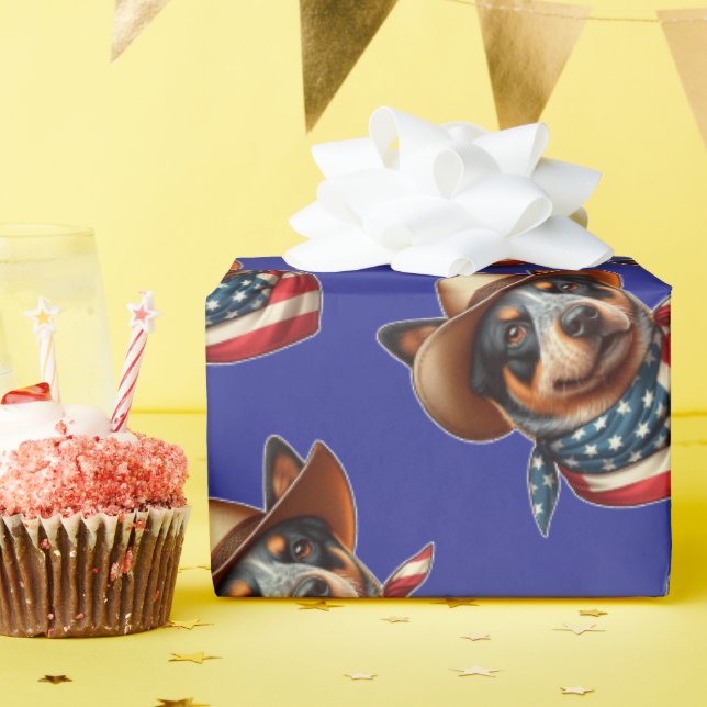 Dog Wearing a Hat and American Flag Bandana Wrapping Paper (Birthday Party)
