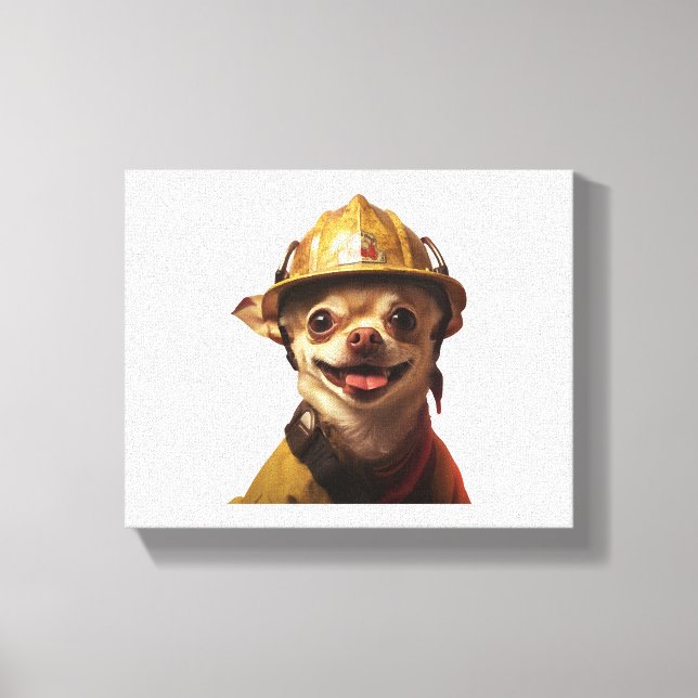 Dog wearing a red fireman helmet design canvas print (Front)