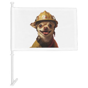 Dog wearing a red fireman helmet design car flag