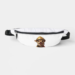 Dog wearing a red fireman helmet design fanny pack