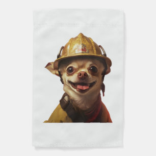 Dog wearing a red fireman helmet design garden flag