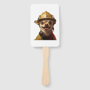 Dog wearing a red fireman helmet design hand fan