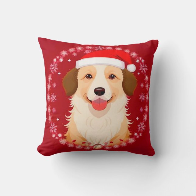 Dog Wearing a Santa Hat with Snowflake Frame Throw Pillow (Front)