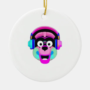 Dog wearing headphones and having fun ceramic ornament