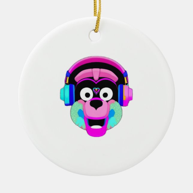 Dog wearing headphones and having fun ceramic ornament (Front)