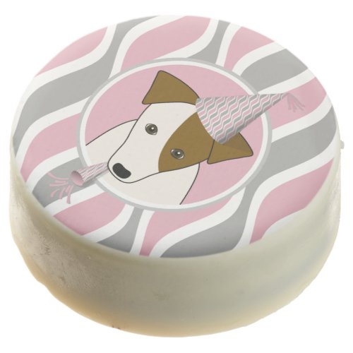 Dog wearing party hat girls puppy pawty birthday chocolate covered oreo