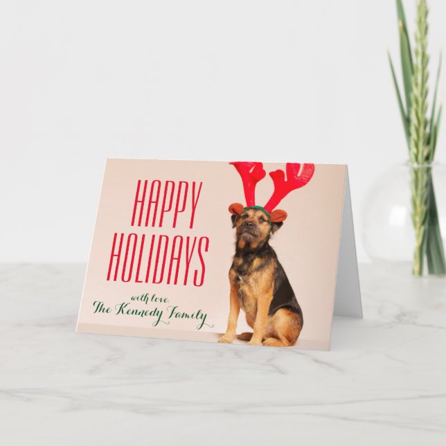 Dog Wearing Red Antlers Holiday Card (Front)