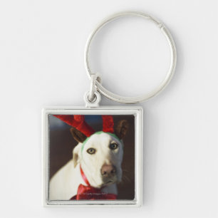 Dog wearing reindeer antlers keychain