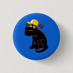 Dog wearing sunglasses and a yellow hat button