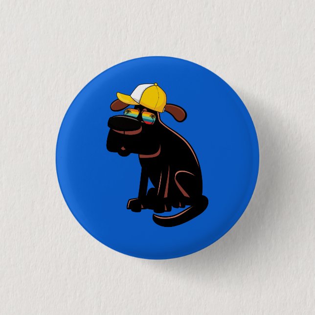 Dog wearing sunglasses and a yellow hat button (Front)