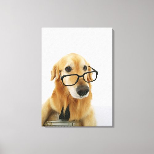 Dog wearing  tie and glasses sitting on chair in canvas print