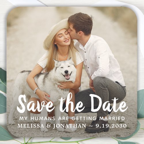 Dog Wedding Custom Pet Couple Photo Save The Date Square Paper Coaster