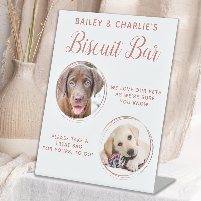 Dog Wedding Favor Rose Gold Pet Photo Biscuit Bar Pedestal Sign (Creator Uploaded)