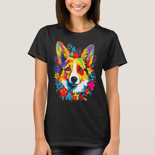 Dog Welsh Corgi Flowers Peace T-Shirt (Front)