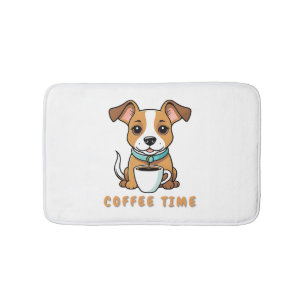 dog with a cup coffee bath mat