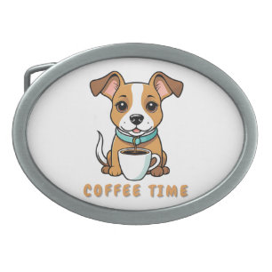 dog with a cup coffee belt buckle