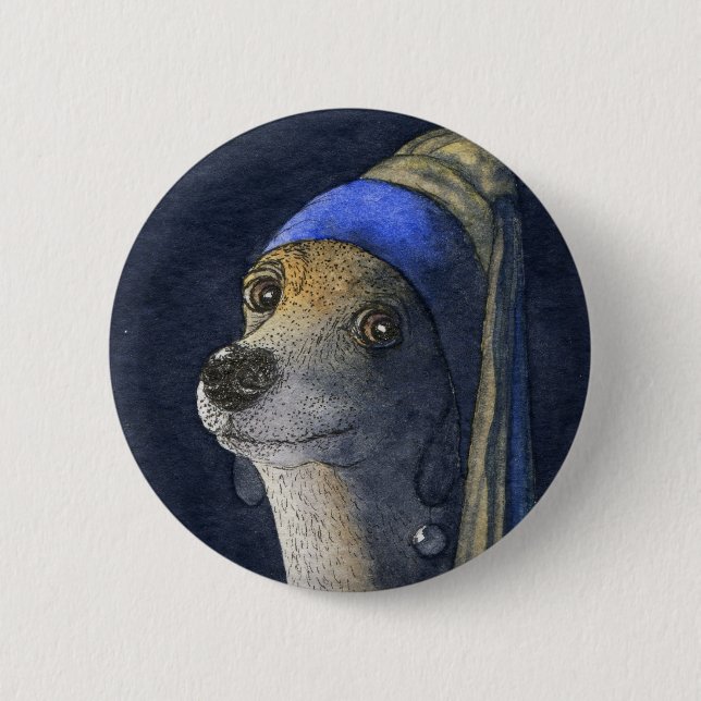 Dog with a pearl earring pinback button (Front)