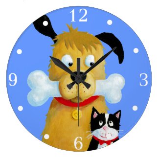 Dog with Bone and Cat - Wall Clock