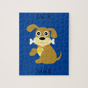 DOG WITH BONE PUZZLE. NAME OF CHILD AND DOG. JIGSAW PUZZLE