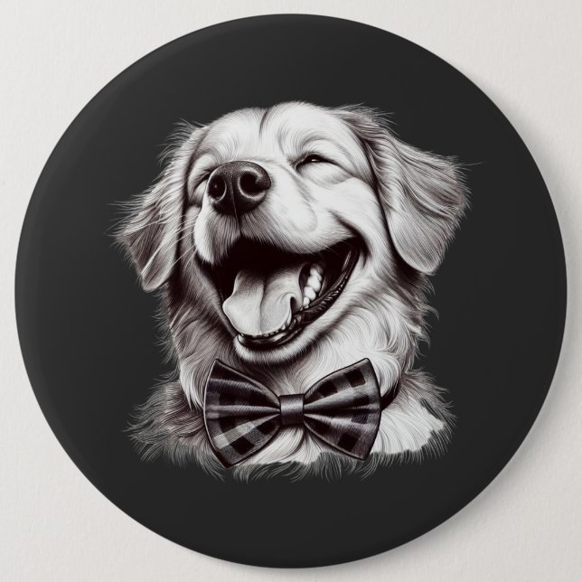 dog with bow tie laughing button (Front)