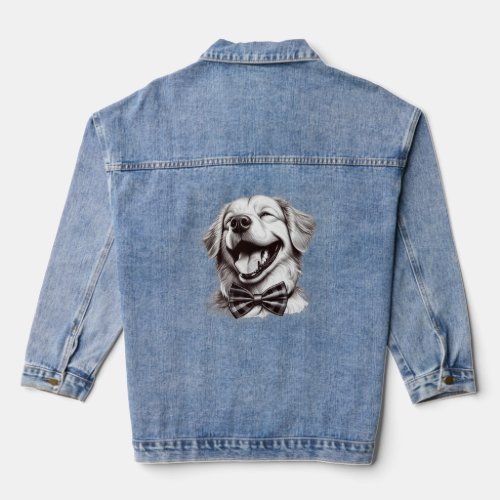 dog with bow tie laughing denim jacket
