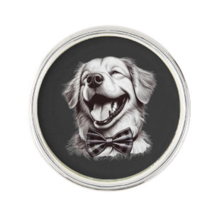dog with bow tie laughing lapel pin