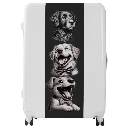 dog with bow tie laughing luggage