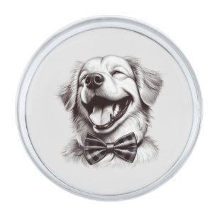 dog with bow tie laughing silver finish lapel pin