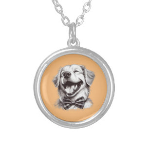dog with bow tie laughing silver plated necklace