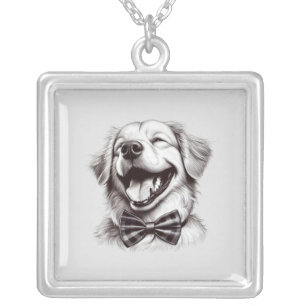 dog with bow tie laughing silver plated necklace