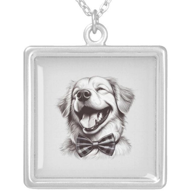dog with bow tie laughing silver plated necklace (Front)