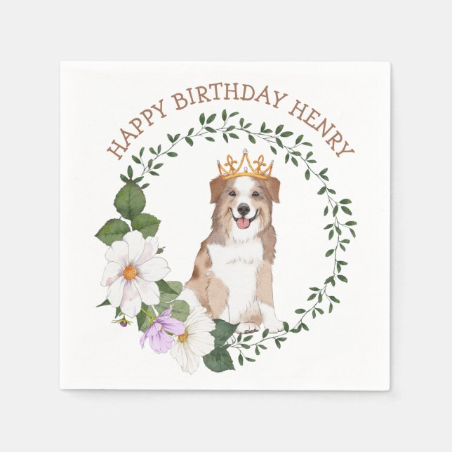 Dog With Crown Floral Birthday Napkins (Front)