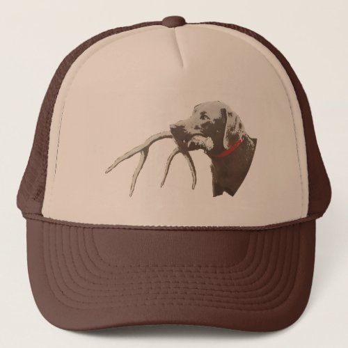 Dog with deer antler trucker hat