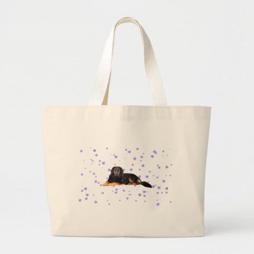 Dog with Falling purple Hearts Large Tote Bag